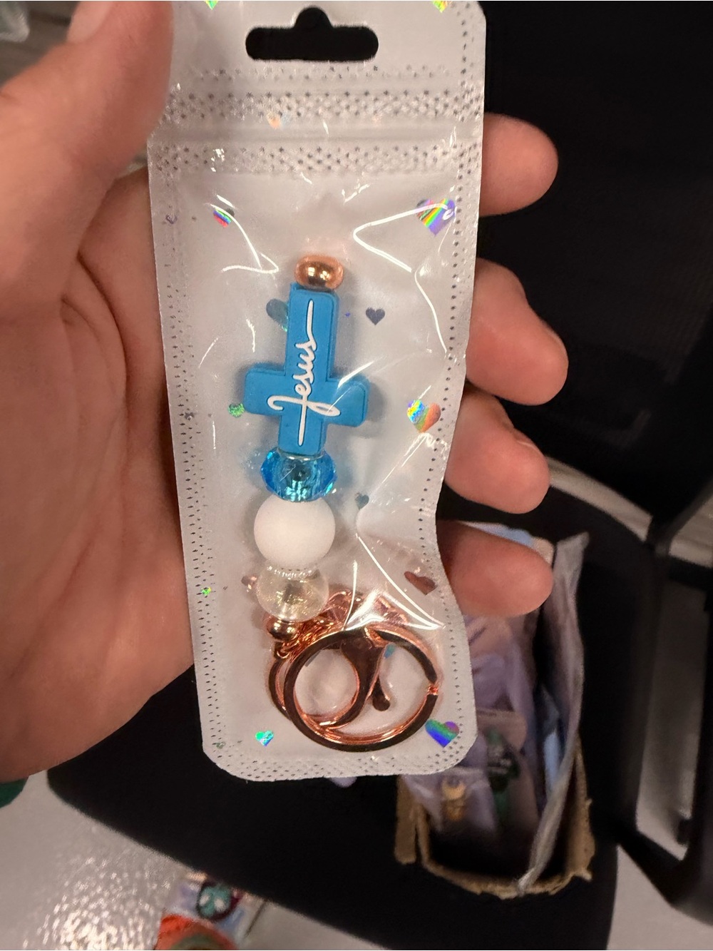 Blue Cross Bead Keychain Charm with Rose Gold Hardware